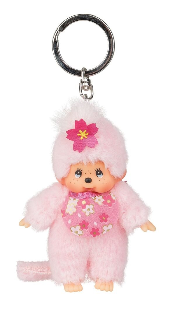 61HiA5riRXL Original Monchhichi Girl Cherry Blossom Keyring Approx 10 cm Large Pink Plush Pendant for Backpacks