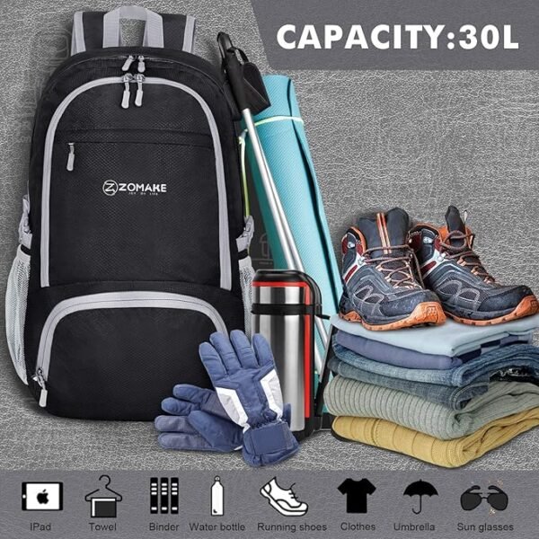ZOMAKE Packable Lightweight Backpack 30L Light Foldable Travel Backpack Water Resistant Folding Compact Daypack Black