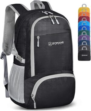 ZOMAKE Packable Lightweight Backpack 30L Light Foldable Travel Backpack Water Resistant Folding Compact Daypack Black