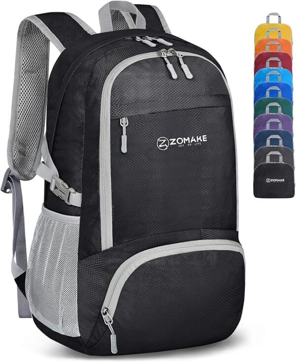 ZOMAKE Packable Lightweight Backpack 30L Light Foldable Travel Backpack Water Resistant Folding Compact Daypack Black